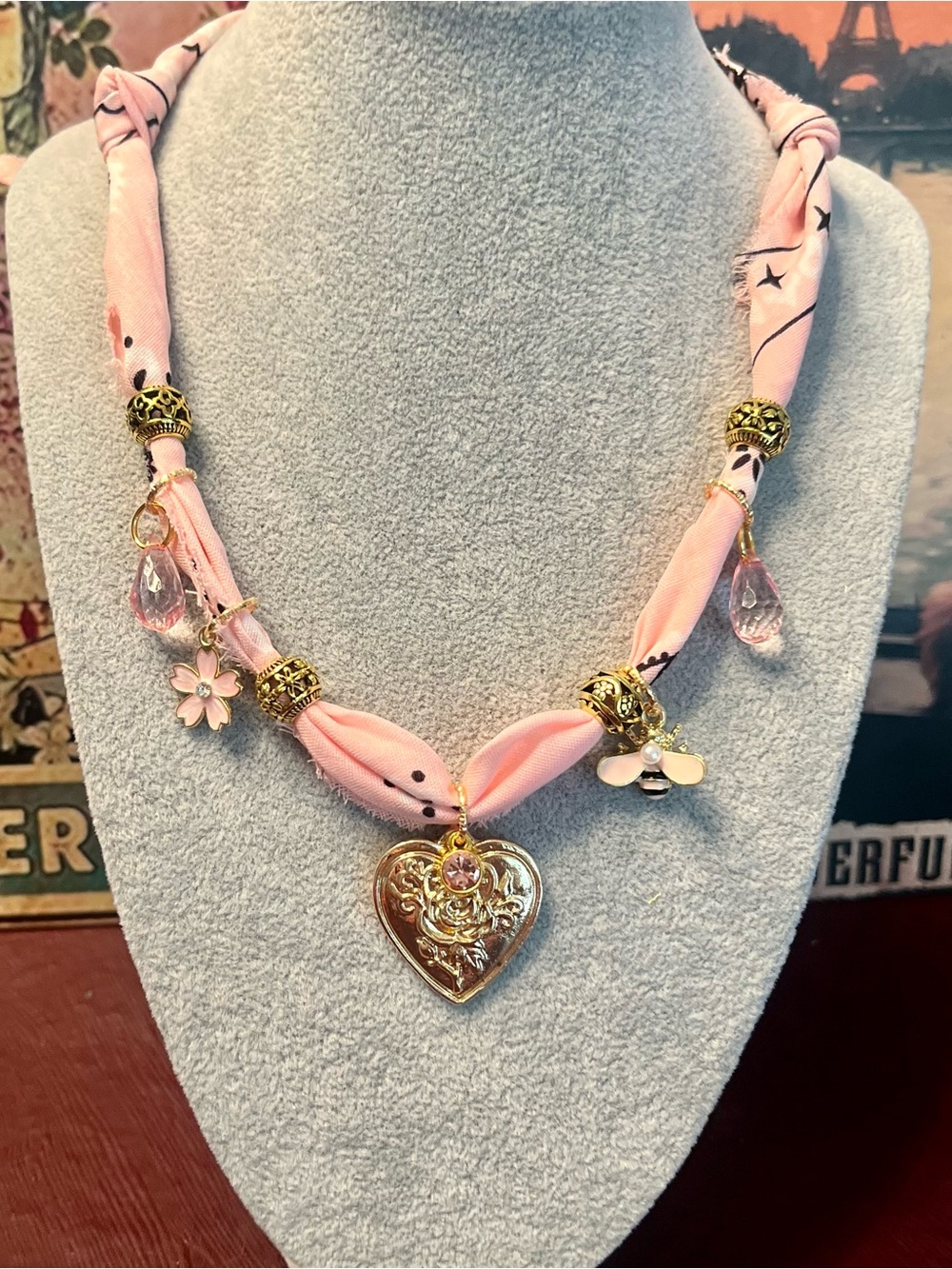 Pink Boho Bandana Necklace with Gold & Pink Charms